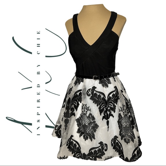 Crystal Doll Black & White Floral Velvet Fit & Flare Dress - Picture 1 of 12